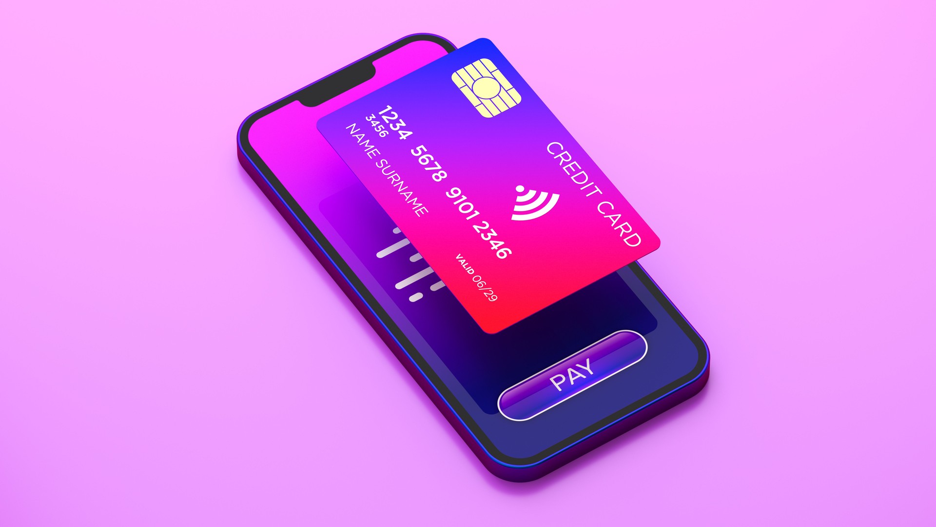 Mobile Payment Concept - Smartphone with Credit Card and Pay Button