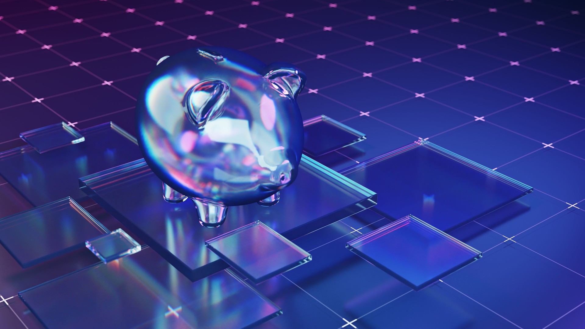 Futuristic Glass Piggy Bank on Digital Grid Background